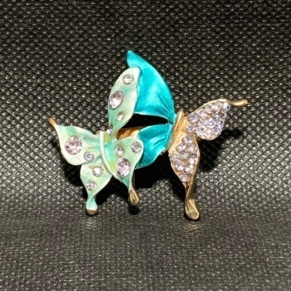 Vintage Blue Green Crystal Butterflies Brooch 2"x1.25" Gold Tone Pin Excellent - Picture 4 of 4